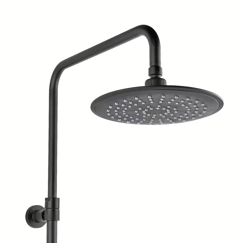 Czarny mat system prysznicowy SAT z baterią termostatyczną, z deszczownicą, słuchawką prysznicową i szklaną półką.
