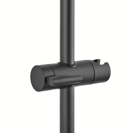 Czarny mat system prysznicowy SAT z baterią termostatyczną, z deszczownicą, słuchawką prysznicową i szklaną półką.
