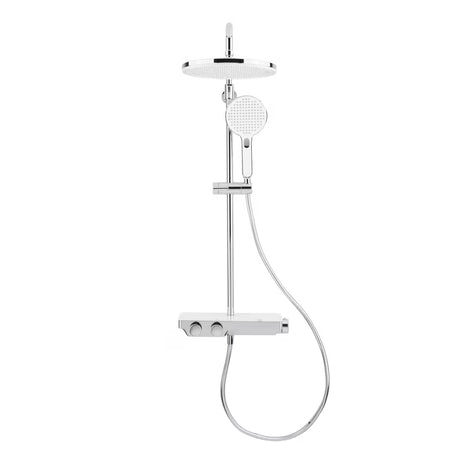 System prysznicowy SAT Chrome z baterią termostatyczną, ze szklaną półką, deszczownicą i słuchawką prysznicową w chromie.