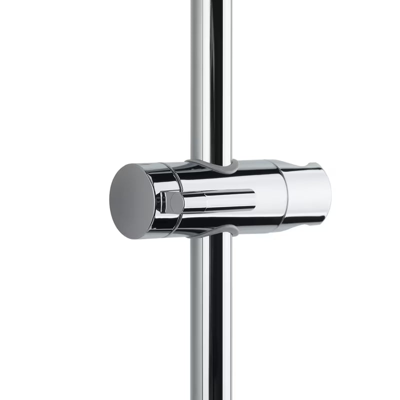 System prysznicowy SAT Chrome z baterią termostatyczną, ze szklaną półką, deszczownicą i słuchawką prysznicową w chromie.
