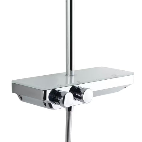 System prysznicowy SAT Chrome z baterią termostatyczną, ze szklaną półką, deszczownicą i słuchawką prysznicową w chromie.
