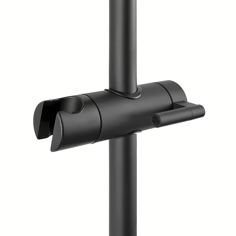 Czarny mat system prysznicowy SAT z baterią termostatyczną, z deszczownicą i słuchawką prysznicową z trzema strumieniami.
