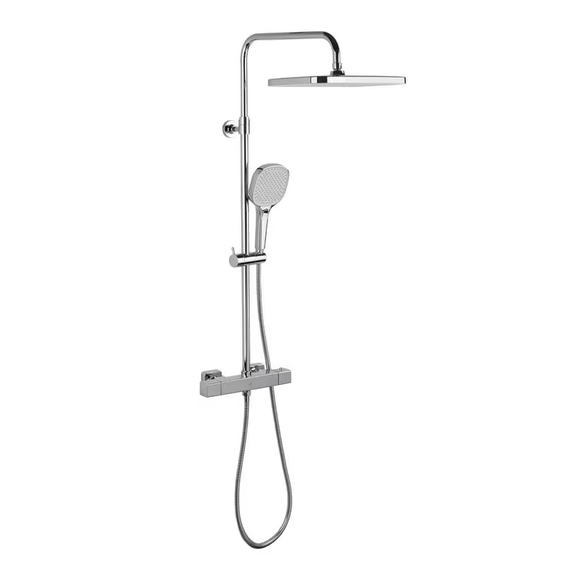 Chromowany termostatyczny system prysznicowy SAT z deszczownicą 32 × 21 cm i rączką prysznicową.