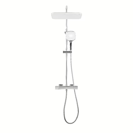 Chromowany termostatyczny system prysznicowy SAT z deszczownicą 32 × 21 cm i rączką prysznicową.