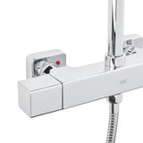 Chromowany termostatyczny system prysznicowy SAT z deszczownicą 32 × 21 cm i rączką prysznicową.