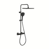Termostatyczny system prysznicowy SAT w wykończeniu czarny mat z deszczownicą 32×21 cm i rączką prysznicową.