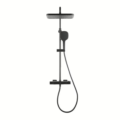 Termostatyczny system prysznicowy SAT w wykończeniu czarny mat z deszczownicą 32×21 cm i rączką prysznicową.