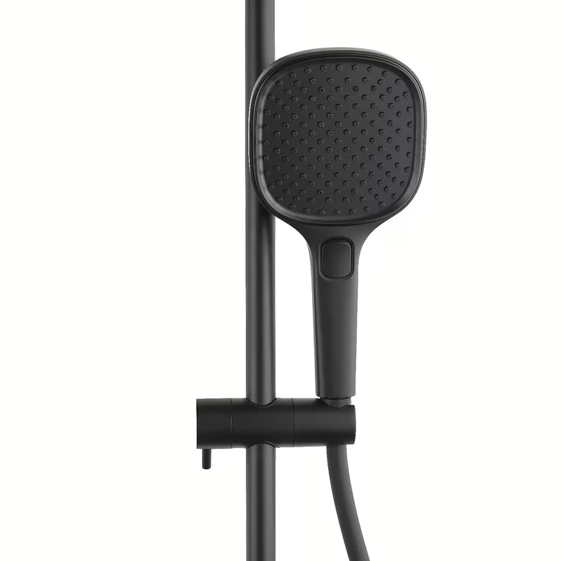 Termostatyczny system prysznicowy SAT w wykończeniu czarny mat z deszczownicą 32×21 cm i rączką prysznicową.