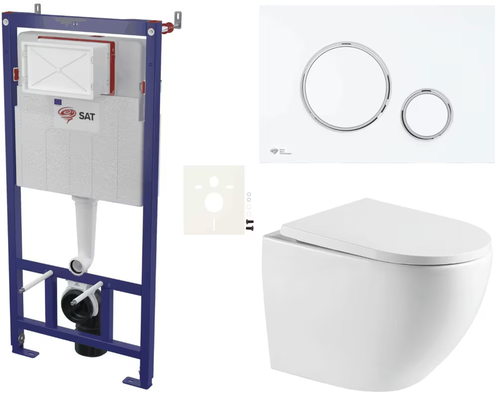 Zestaw WC podtynkowy SAT Fusion z technologią spłukiwania wirowego, białym matowym przyciskiem i deską sedesową soft Close