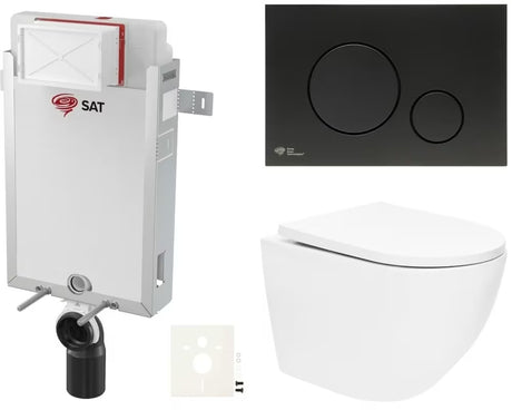 Zestaw WC podtynkowy SAT Fusion z technologią spłukiwania wirowego, modułem podtynkowym, spłuczką i przyciskiem w kolorze czarny mat