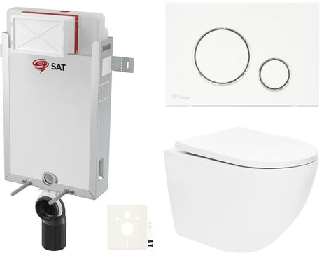 Zestaw WC podtynkowy SAT Fusion z technologią spłukiwania wirowego, modułem podtynkowym, spłuczką, białym przyciskiem i deską sedesową