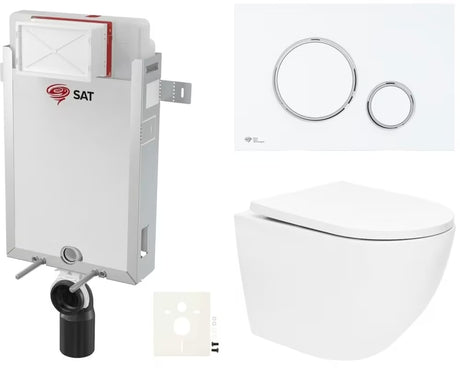 Zestaw WC podtynkowy SAT Fusion z technologią spłukiwania wirowego, modułem podtynkowym, spłuczką i przyciskiem w kolorze biały mat