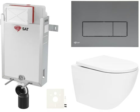 Zestaw WC podtynkowy SAT Fusion z systemem spłukiwania wirowego i przyciskiem spłukującym w kolorze gun metal mat.