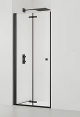 Czarne składane drzwi prysznicowe do wnęki SAT Sk z przezroczystym szkłem i powłoką EasyClean.