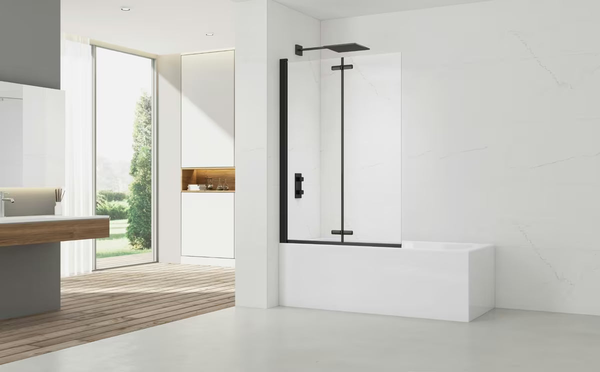 Czarna parawan nawannowy SAT SK 150x105 cm z przezroczystym szkłem i otwieraniem składanym