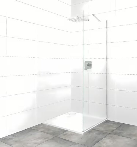 Ścianka stała ścianka boczna do drzwi prysznicowych 90 cm z przezroczystym szkłem i profilami w połyskującym chromie.