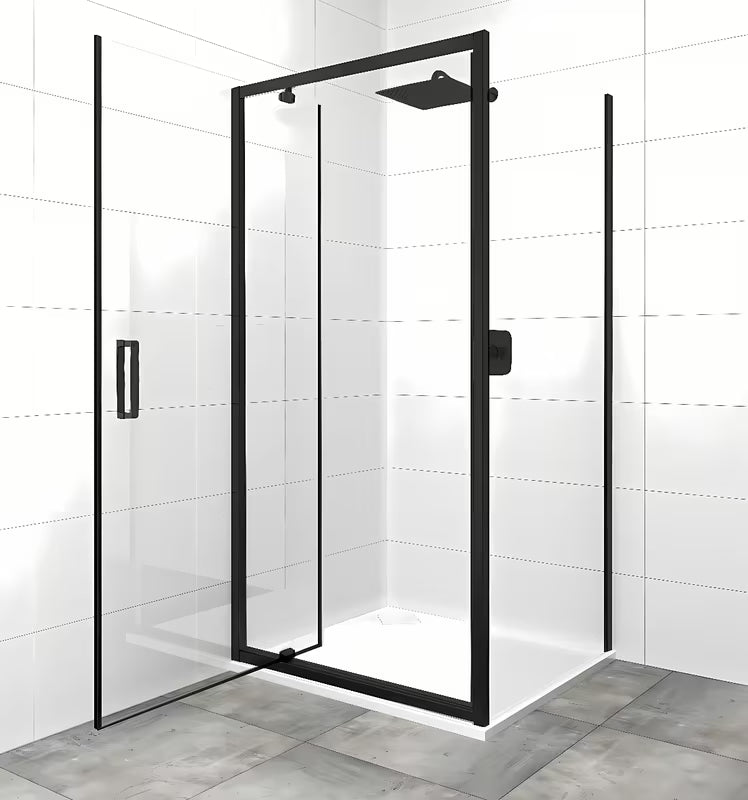 Pivotowe drzwi prysznicowe SAT Tex 90 cm w czarnym wykończeniu z przezroczystym szkłem bezpiecznym.