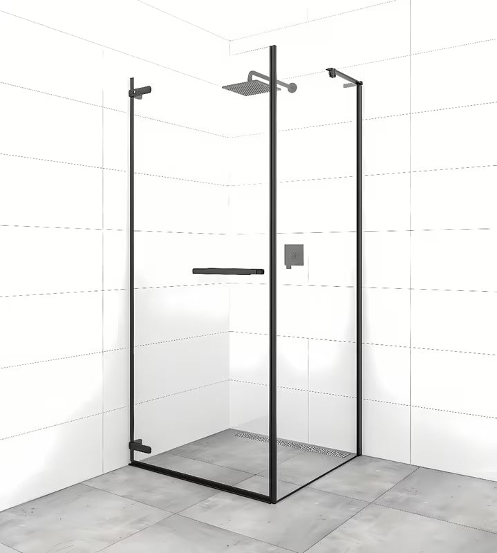 Kabina prysznicowa prostokątna SAT TGD New 100x90 cm w czarnym macie, z przezroczystym szkłem i drzwiami na zawiasach.