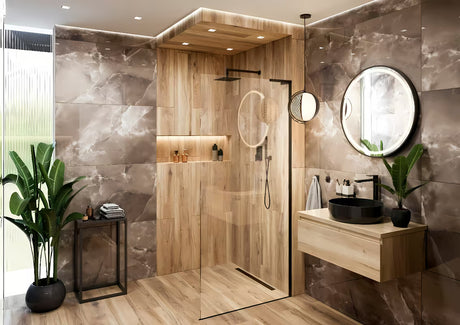 Walk-in ścianka prysznicowa SAT Walk-in 110 cm w kolorze czarny mat z przezroczystym szkłem, bezramowa.