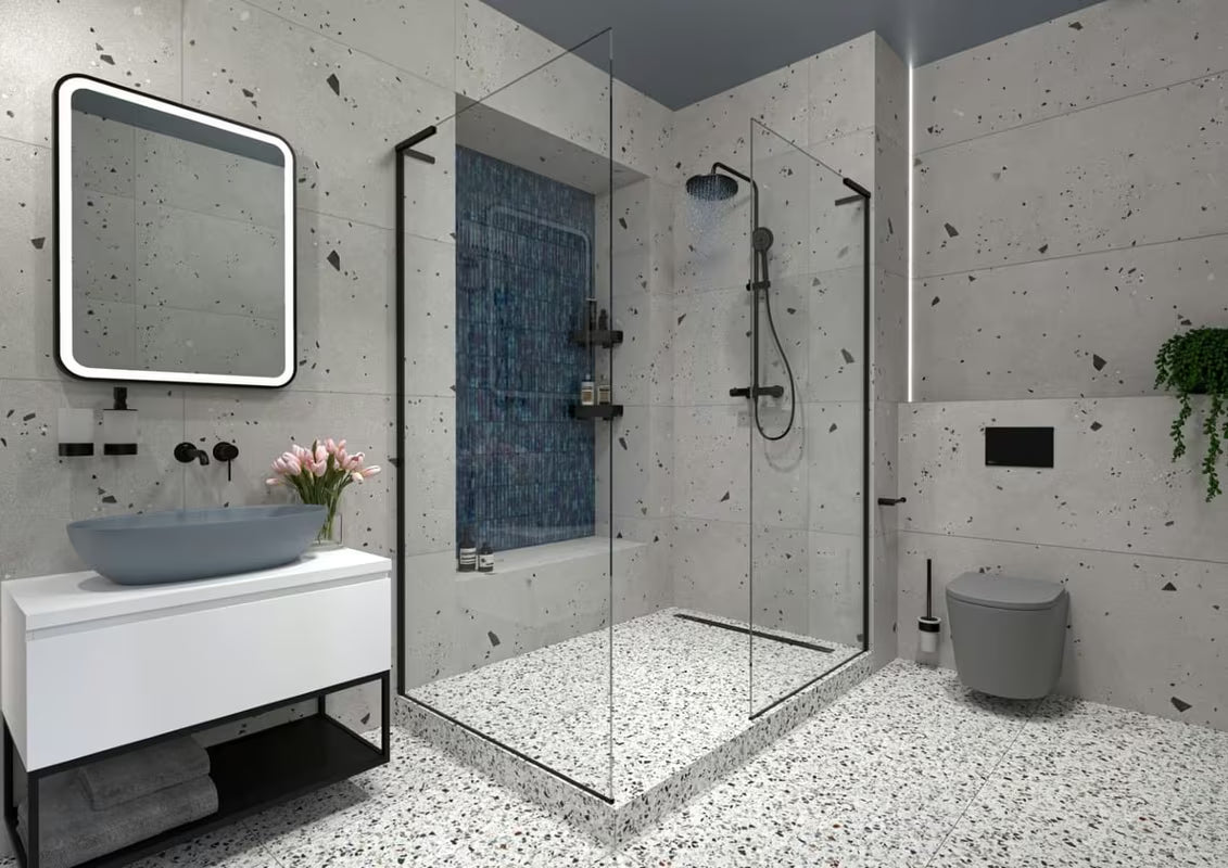 Walk-in ścianka prysznicowa SAT Walk-in 110 cm w kolorze czarny mat z przezroczystym szkłem, bezramowa.