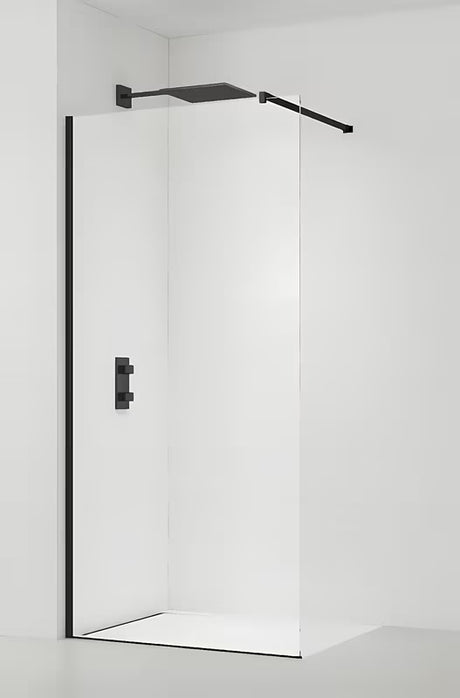 Czarny walk-in parawan prysznicowy SAT Walk-in 150 cm z przezroczystym szkłem bezpiecznym i bezramową konstrukcją.