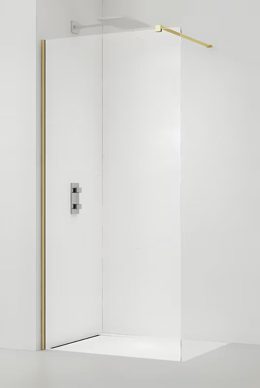 SAT Walk-in ścianka prysznicowa Walk‑in- 150 cm w wykończeniu mosiężnym z przezroczystym szkłem i powłoką Easy Clean