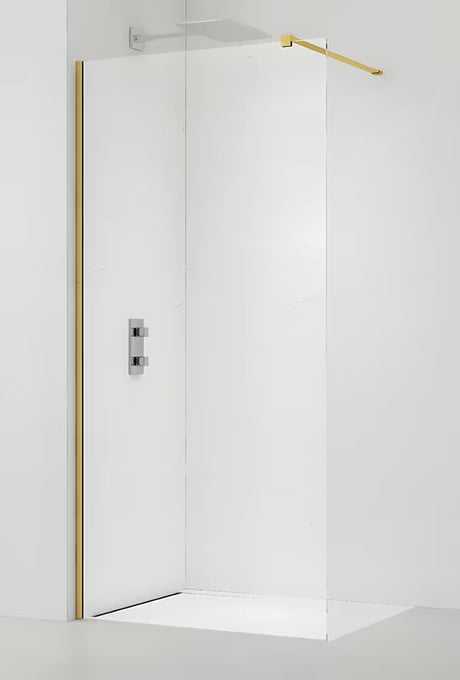 Walk-in ścianka prysznicowa SAT Walk-in 150 cm ze złotymi profilami i przezroczystym szkłem bezpiecznym