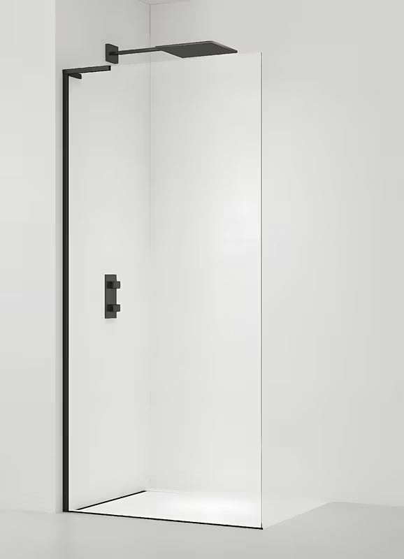 Walk-in parawan prysznicowy SAT Walk-in 80 cm w kolorze czarny mat z przezroczystym szkłem i konstrukcją bezramową.