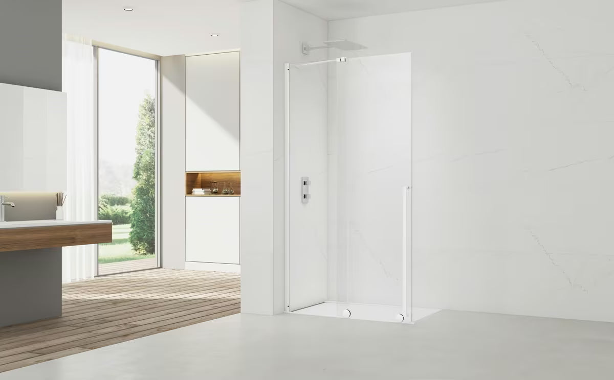 Ścianka prysznicowa Walk‑in- SAT Walk-In Xmotion 110x200 cm z białymi profilami i przezroczystym szkłem