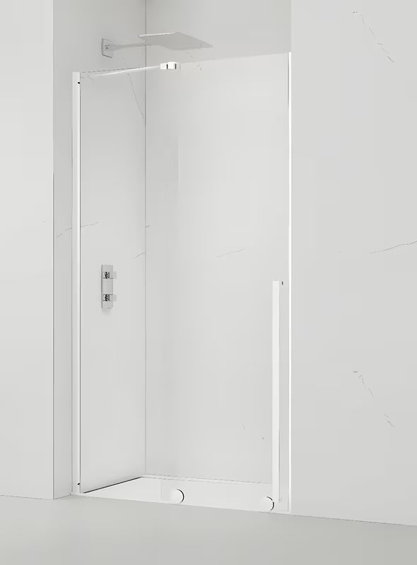 Przesuwne drzwi prysznicowe SAT Xmotion 110 cm w kolorze białym, z przezroczystym szkłem i konstrukcją bezramową.
