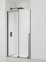 Przesuwne drzwi prysznicowe SAT Xmotion 110 cm w kolorze czarnym, z przezroczystym szkłem, w wersji bezramowej.