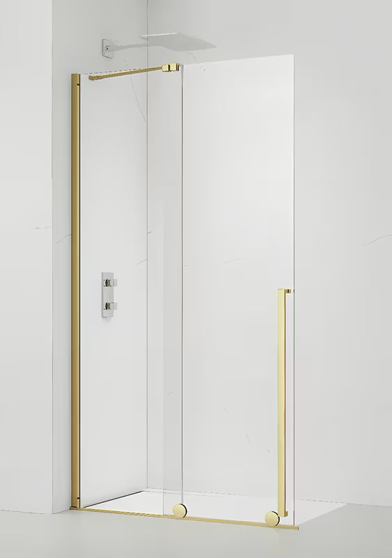 Ścianka prysznicowa Walk‑in- SAT Walk-In Xmotion 120x200 cm ze złotymi błyszczącymi profilami i przezroczystym szkłem