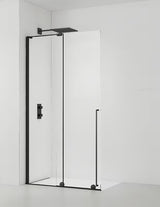 Czarna ścianka prysznicowa Walk‑in- SAT Walk-In Xmotion 100 cm ze szkłem transparentnym i systemem przesuwnym.