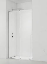 Drzwi prysznicowe wnękowa SAT Xmotion 100 cm w błyszczącym chromie, ze szkłem transparentnym i drzwiami przesuwnymi.
