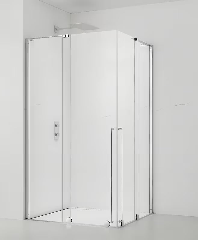 Kabina prysznicowa prostokątna SAT Walk-In Xmotion 90x110 cm z drzwiami przesuwnymi i przezroczystym szkłem, w błyszczącym chromie.