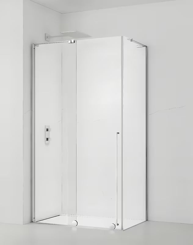 Kabina prysznicowa prostokątna SAT Walk-In Xmotion 110x100 cm w błyszczącym chromie, z przezroczystym szkłem i drzwiami przesuwnymi.