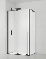 Kabina prysznicowa SAT Walk-In Xmotion 120x80 cm w kolorze czarnym, z drzwiami przesuwnymi i przezroczystym szkłem.