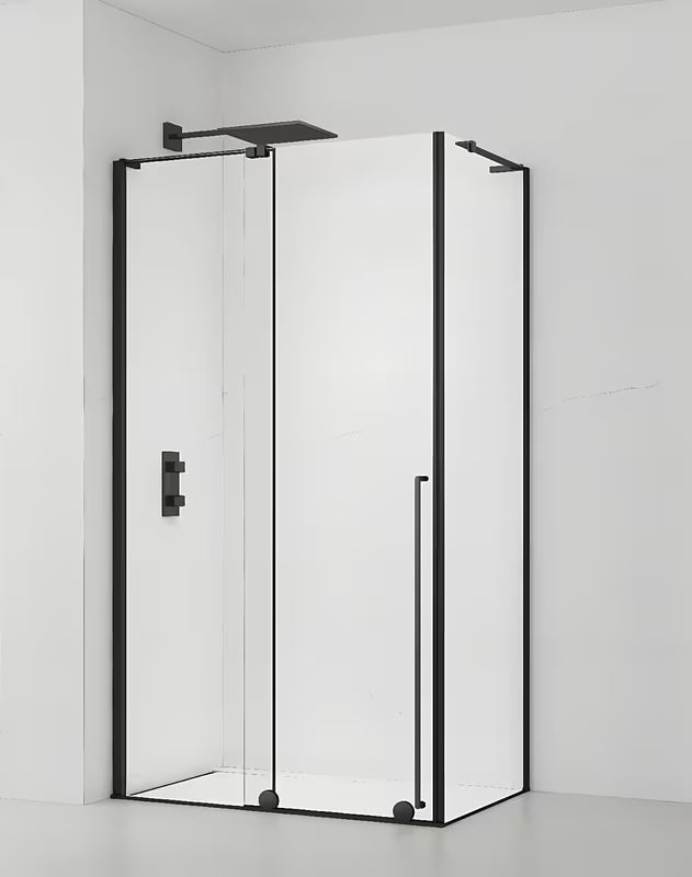 Kabina prysznicowa SAT Walk-In Xmotion 120x90 cm w kolorze czarnym, z przezroczystym szkłem i drzwiami przesuwnymi