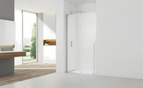 Drzwi prysznicowe SAT Walk-In Xmotion do wnęki 140 cm w błyszczącym chromie, z przezroczystym szkłem i systemem przesuwnym