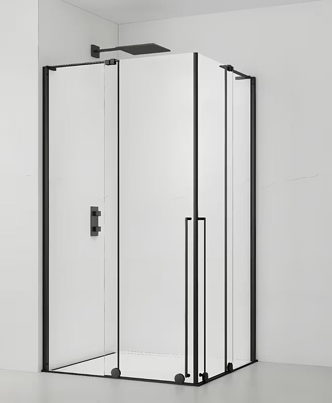 Kwadratowa kabina prysznicowa SAT Walk-In Xmotion 90x90 cm w czarnym wykończeniu, z przezroczystym szkłem