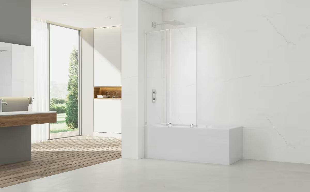 Parawan nawannowy SAT Walk-In Xmotion 150 cm z przezroczystym szkłem i białymi profilami