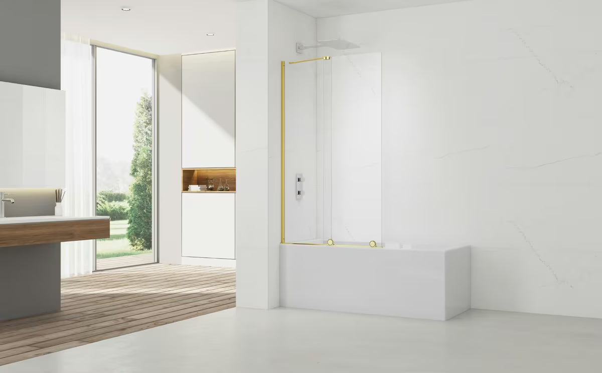 Przesuwna parawan nawannowy SAT Walk-In Xmotion 150x117,5 cm z przezroczystego szkła ze złotym błyszczącym profilem.