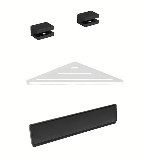 Zestaw akcesoriów łazienkowych SAT X-Way z półką narożną, uchwytami i ściągaczką do szkła w nowoczesnym designie.