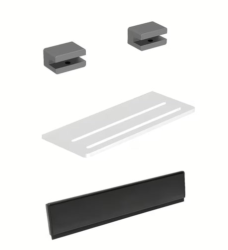 Zestaw akcesoriów łazienkowych SAT X-Way z półką, uchwytami i ściągaczką do szkła w nowoczesnym, minimalistycznym designie.