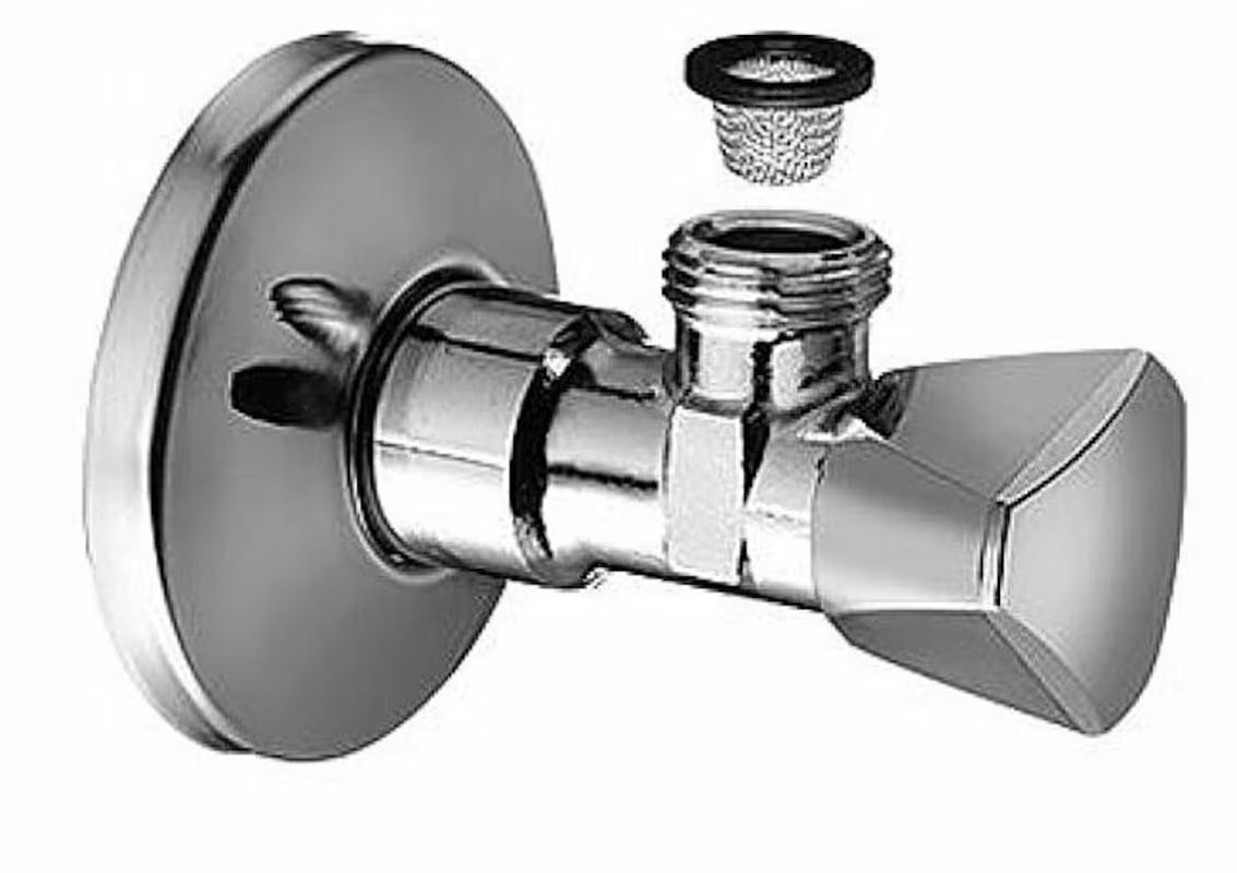 Chromowany zawór kątowy Schell z uchwytem trójkątnym, przyłącze 1/2" i wyjście 3/8".