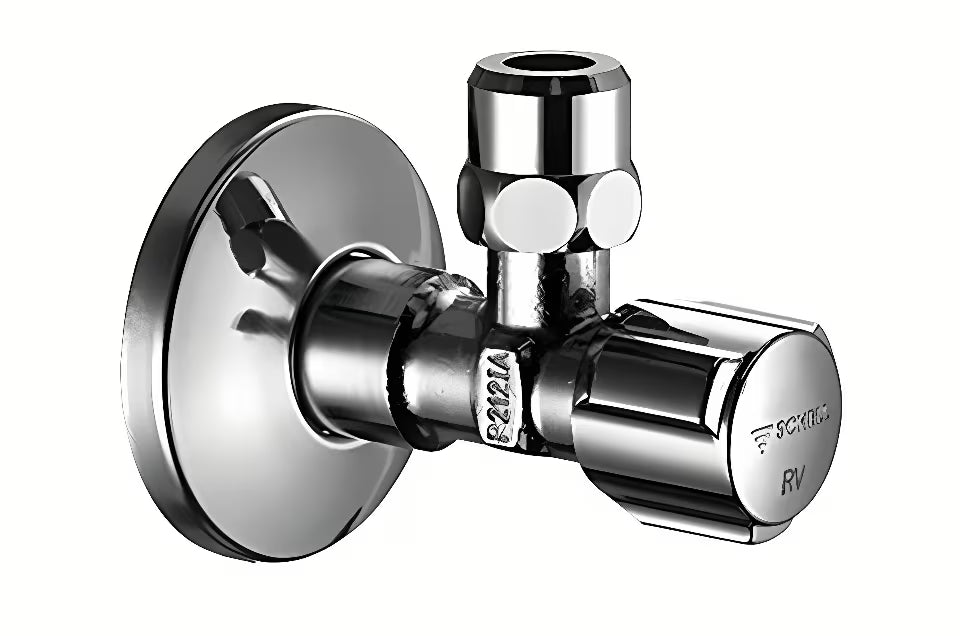 Chromowany zawór kątowy Schell Comfort z podwójnym zaworem zwrotnym i uchwytem Comfort.