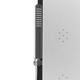 Biały panel prysznicowy SIKO Alushower z 4 funkcjami, w tym deszczownicą i słuchawką prysznicową prysznice, wodospadem oraz dyszami masującymi.