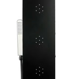 Czarny panel prysznicowy SIKO z 4 funkcjami, w tym deszczownicą i słuchawką prysznicową prysznice, wodospadem oraz dyszami masującymi.