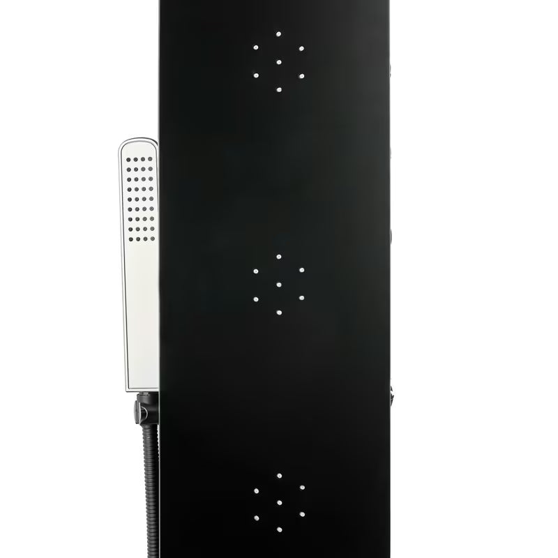 Czarny panel prysznicowy SIKO z 4 funkcjami, w tym deszczownicą i słuchawką prysznicową prysznice, wodospadem oraz dyszami masującymi.