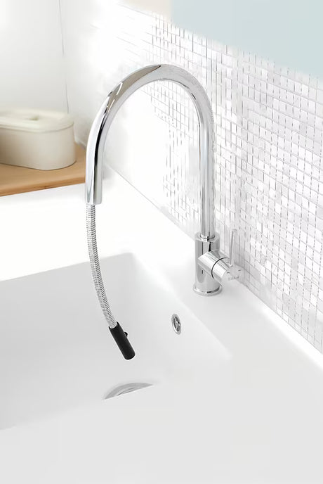 Chromowana bateria zlewozmywakowa SIKO Chrome z wyciąganą wylewką z obrotową wylewką